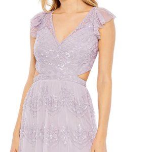 SEQUINED RUFFLED CAP SLEEVE CUT OUT TIERED GOWN